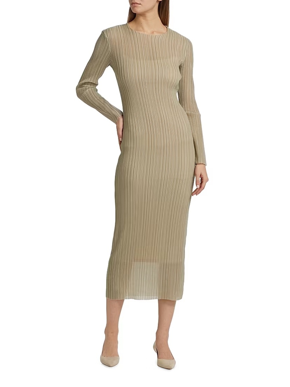 Vince Plissé Long Sleeve Pleated Midi Dress in Light Sage, NWT